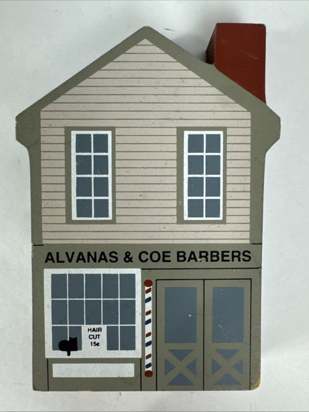 The Cat's Meow Alvanas & Coe Barbers Jackson Michigan 1995 wood shelf sitter